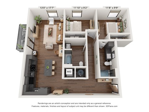 Floor plan for 2 beds, 2 baths, 1181 sqft